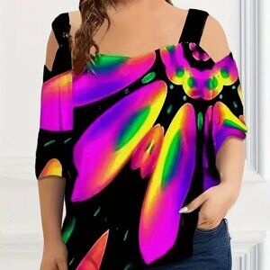 Women's Plus Size Magenta Colorblock Cold Shoulder Summer Trendy Blouse Top 20W